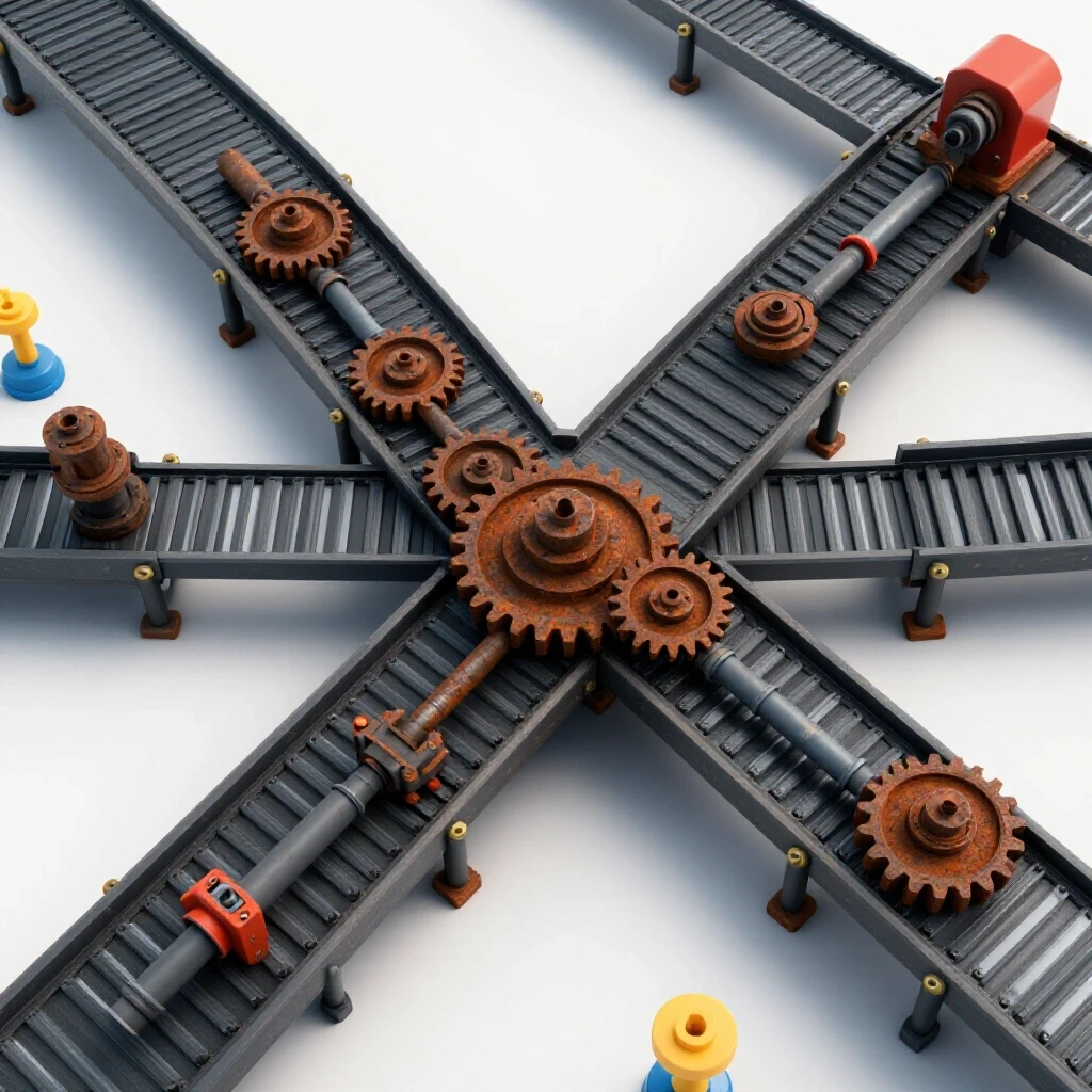A top-down view of an assembly line showing bottlenecks with rusted gears against vibrant operational sections.