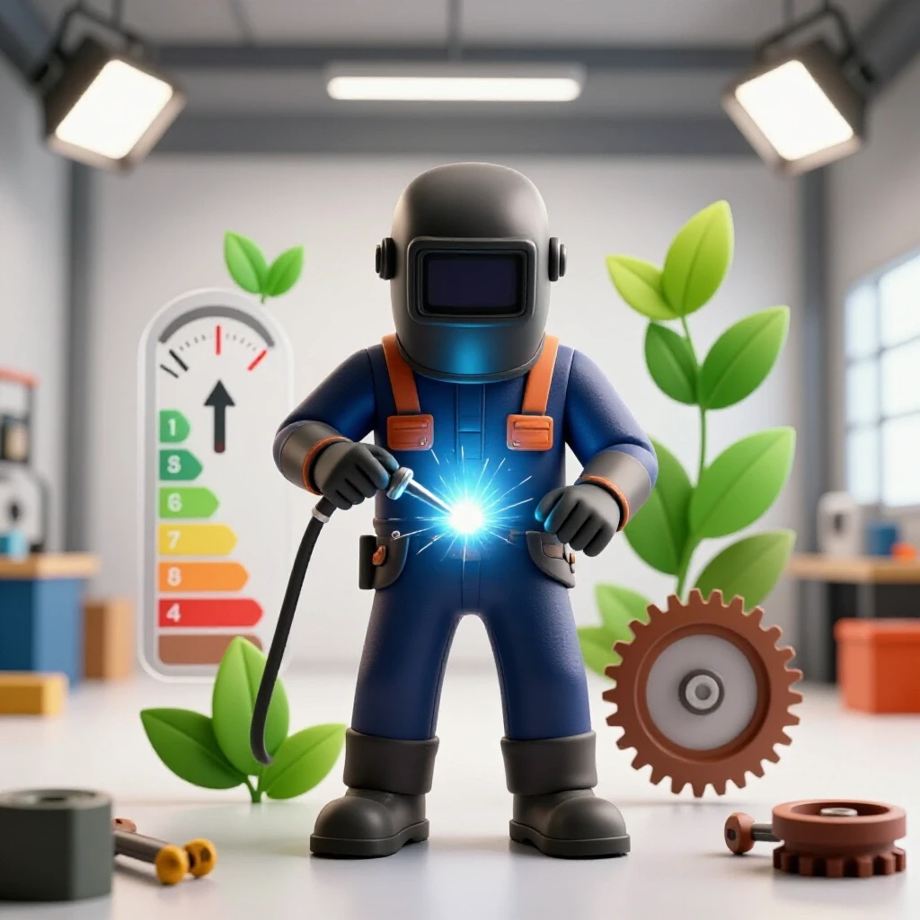 A diesel welder surrounded by symbols of fuel efficiency like a fuel gauge, green leaves, and gears in a bright workshop.