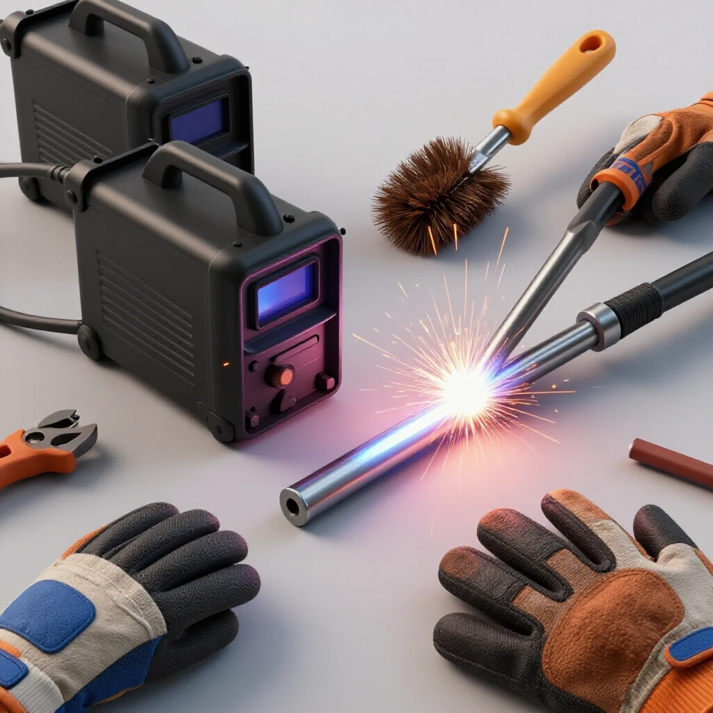 A polished comparison of a well-executed and poorly executed weld, surrounded by welding tools and sparks.