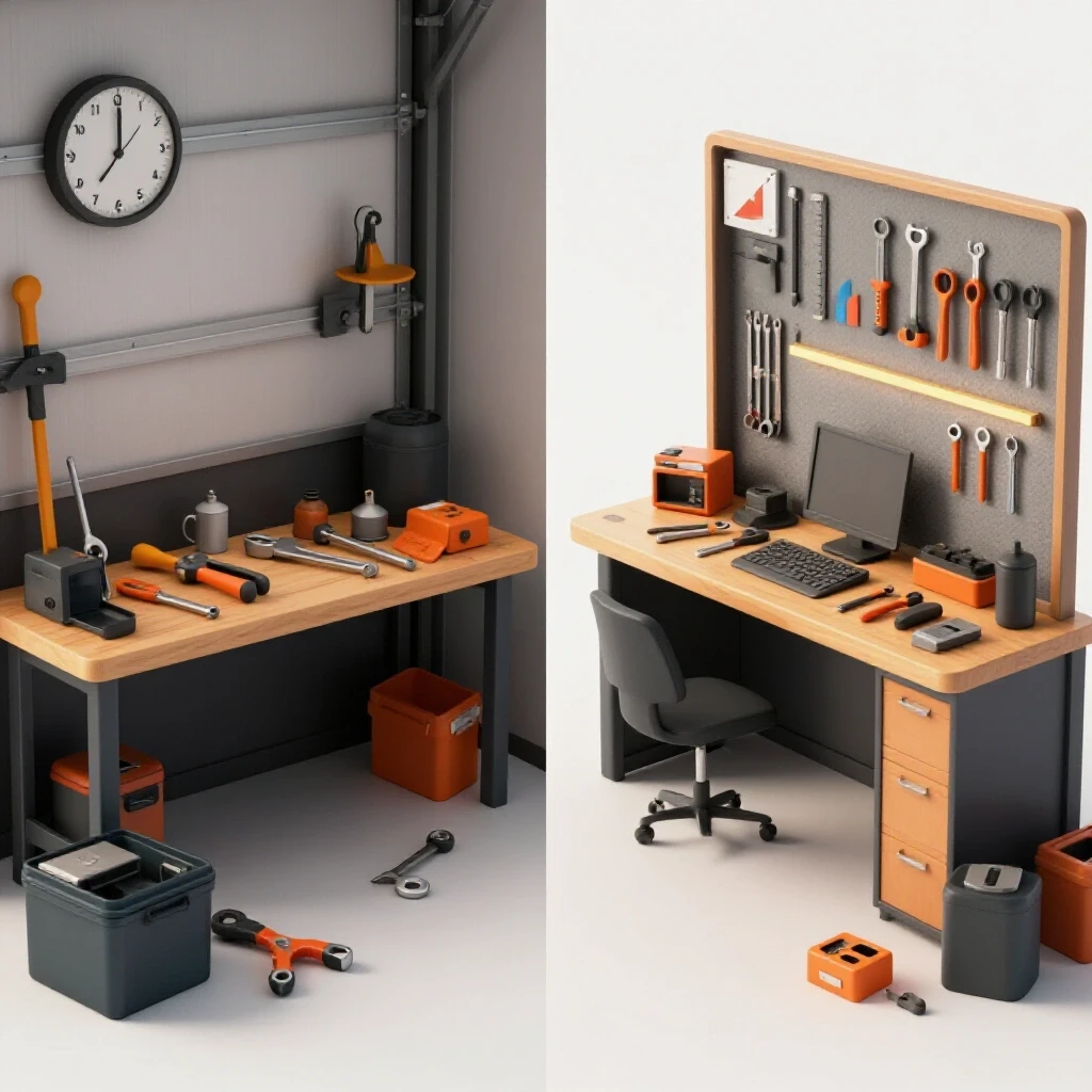 A split scene showcasing a cluttered garage workspace versus an organized workstation, highlighting productivity tips.