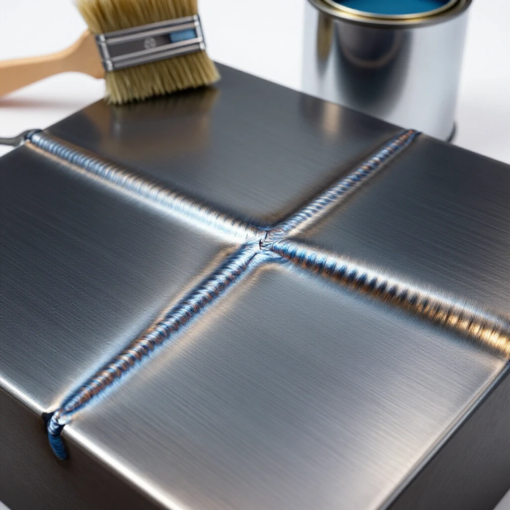 Close-up view of a metallic surface with visible weld seams inspected under bright light, featuring paintbrush and paint in background.