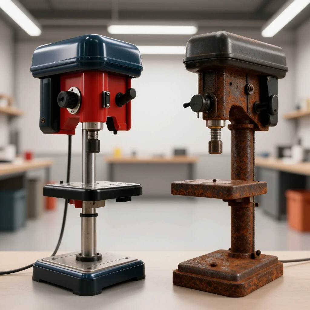 A polished and rusty drill press side by side in a bright workshop highlighting key quality differences.