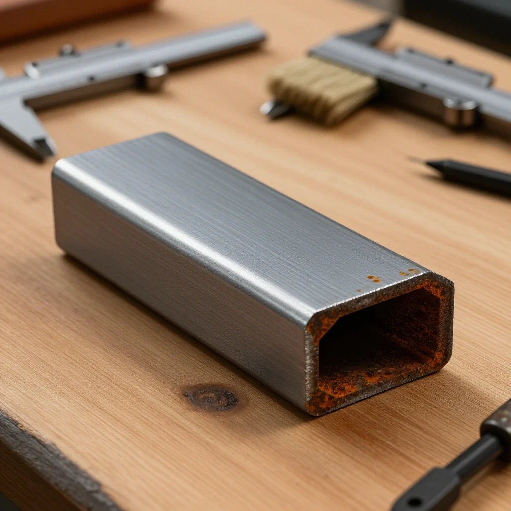 Close-up of raw steel stock on a wooden workbench, highlighting rust and warp under bright lighting.