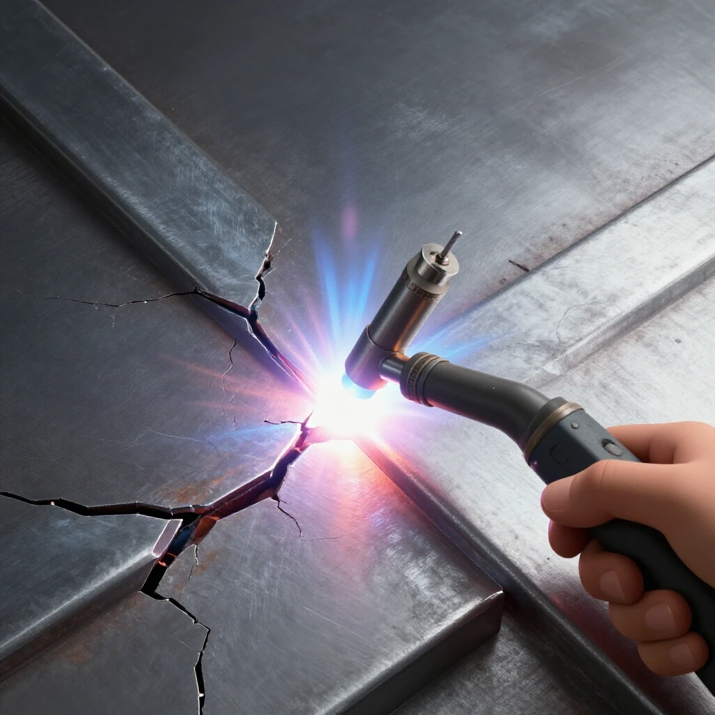 Close-up of a cracked steel weld with a hand holding a welding torch, symbolizing repair and safety in metalworking.
