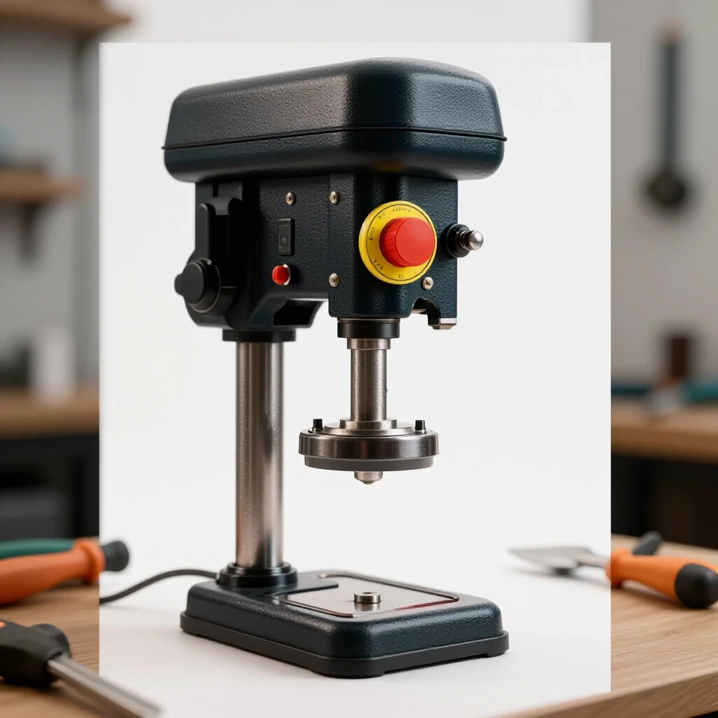 Close-up view of a drill press showcasing an emergency stop switch against a blurred workshop backdrop.