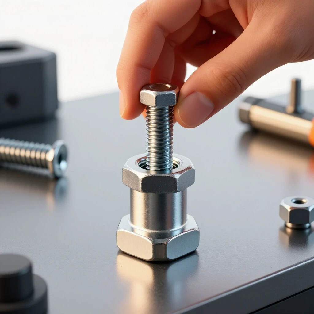 Close-up of a hand inserting a threaded rivet nut into a metallic tube on a well-lit workbench.