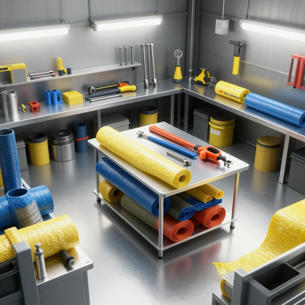 A vibrant metal workshop showcasing well-organized tools and insulation materials highlighting safety in DIY projects.