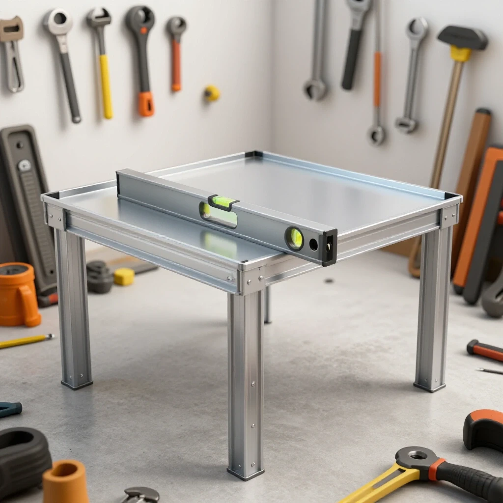 A heavy square tubing table with a laser-level tool, set against a chaotic array of workshop tools, emphasizing alignment efforts.
