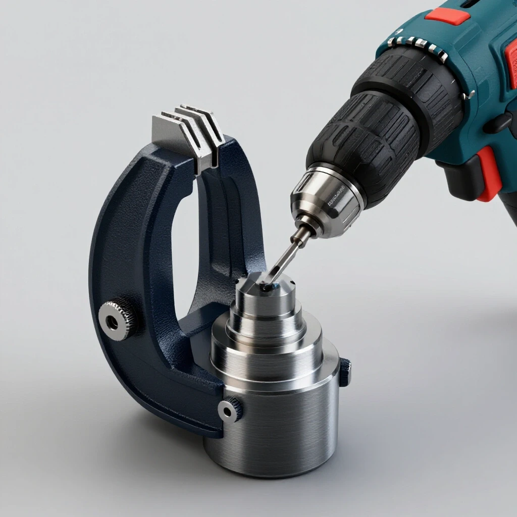 Close-up of a metal part clamped securely with a drill in action nearby, emphasizing precision in metalworking.