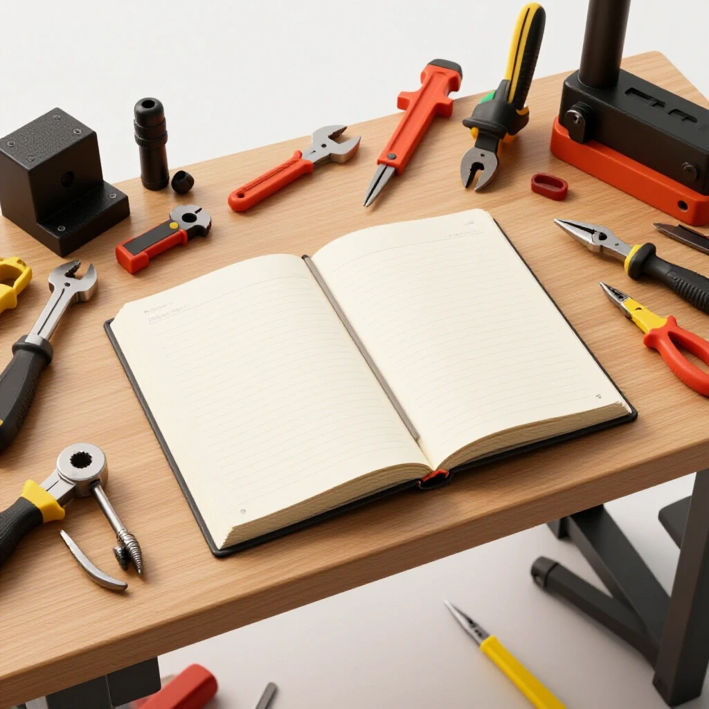 A well-organized workbench with an open project logbook and custom fabrication tools, showcasing order amidst creativity.