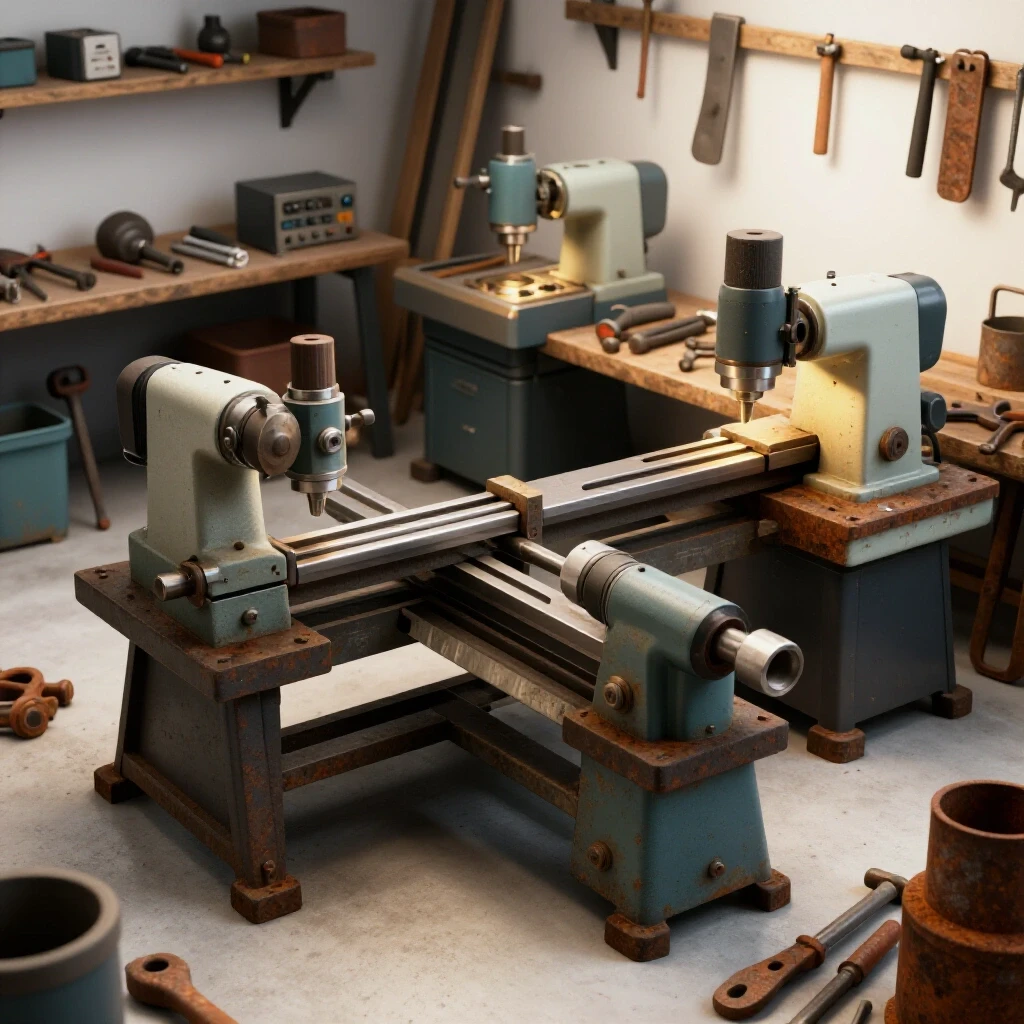 A vibrant workshop scene showcasing gleaming machine tools on one side and neglected, rusted tools on the other, illustrating maintenance importance.
