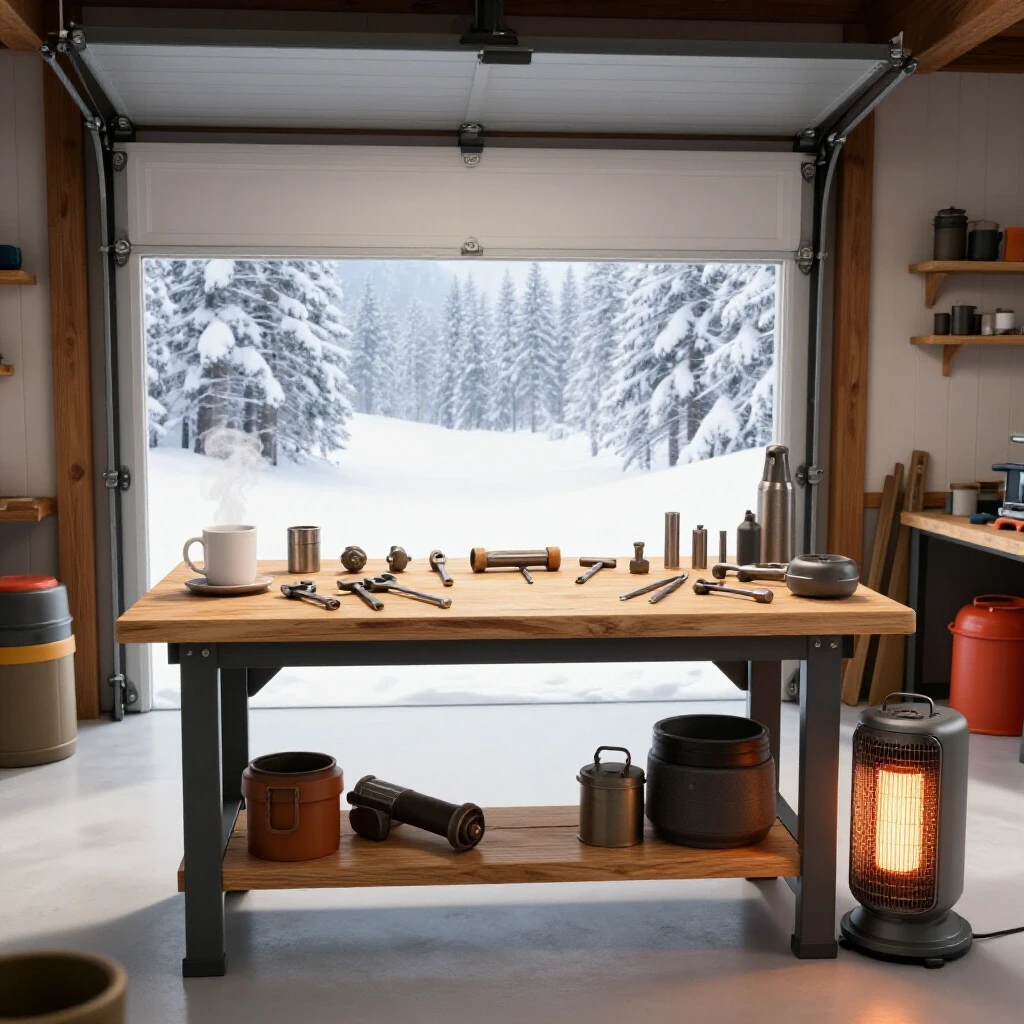 Cozy garage workshop with tools, workbench, and warm elements contrasting a snowy landscape outside.