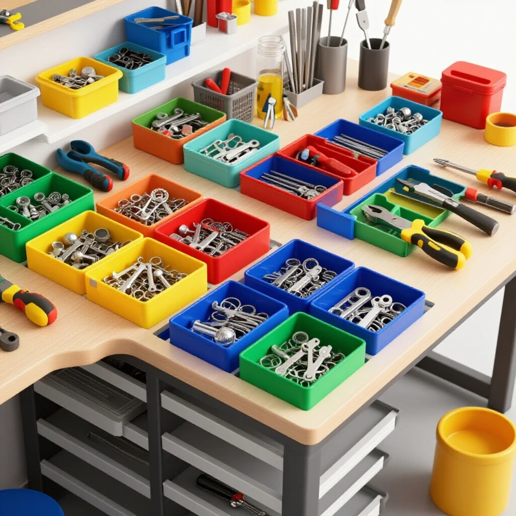 A vibrant workshop bench featuring colorful containers filled with small parts and tools, showcasing organization and productivity.