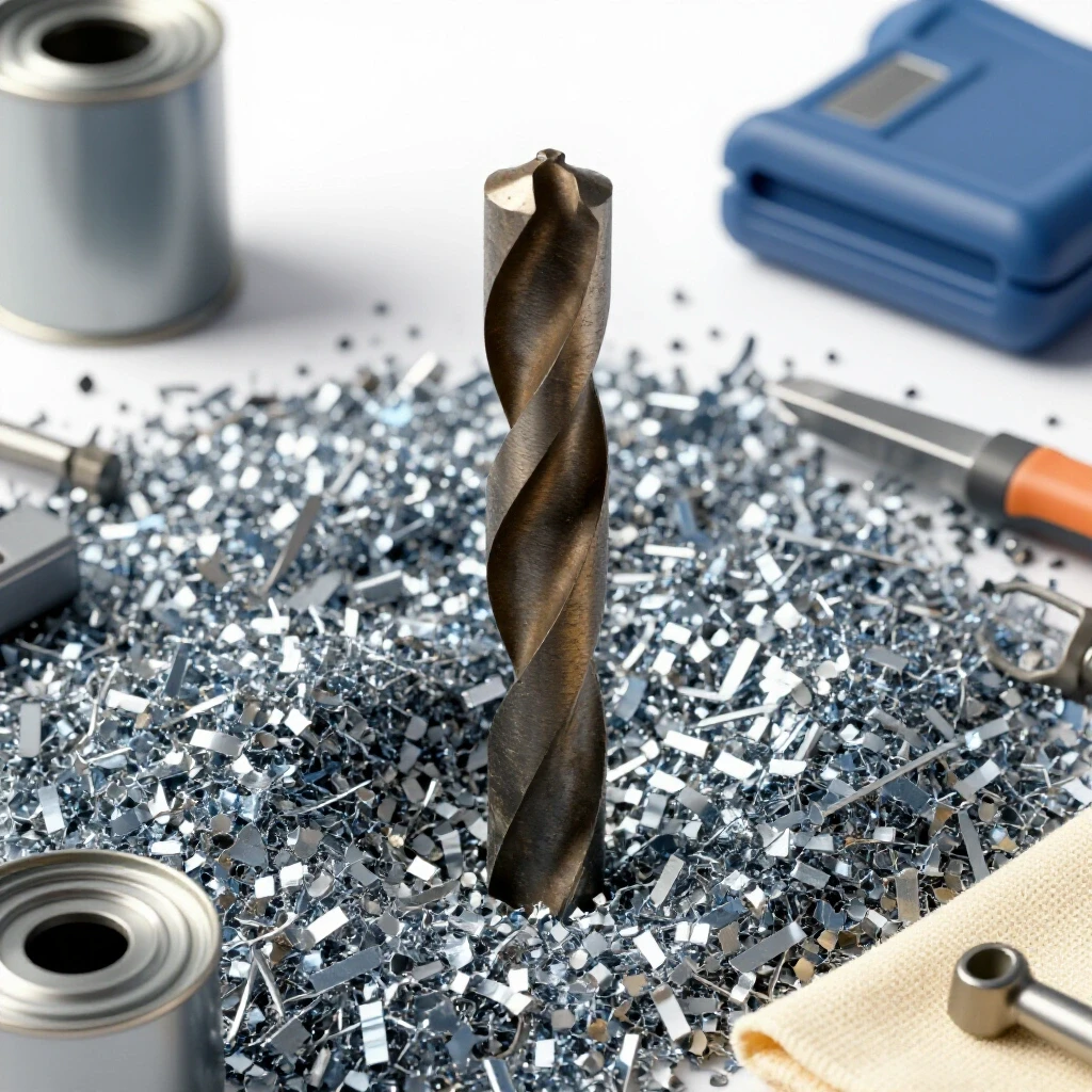 A close-up of a well-used drill bit among shiny steel shavings with maintenance tools visible.