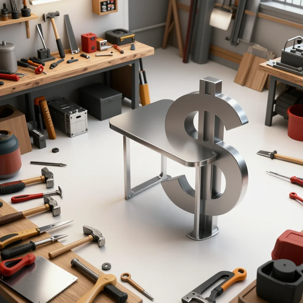 A vibrant workshop scene featuring fabrication tools transitioning to a completed metal project that symbolizes profit.