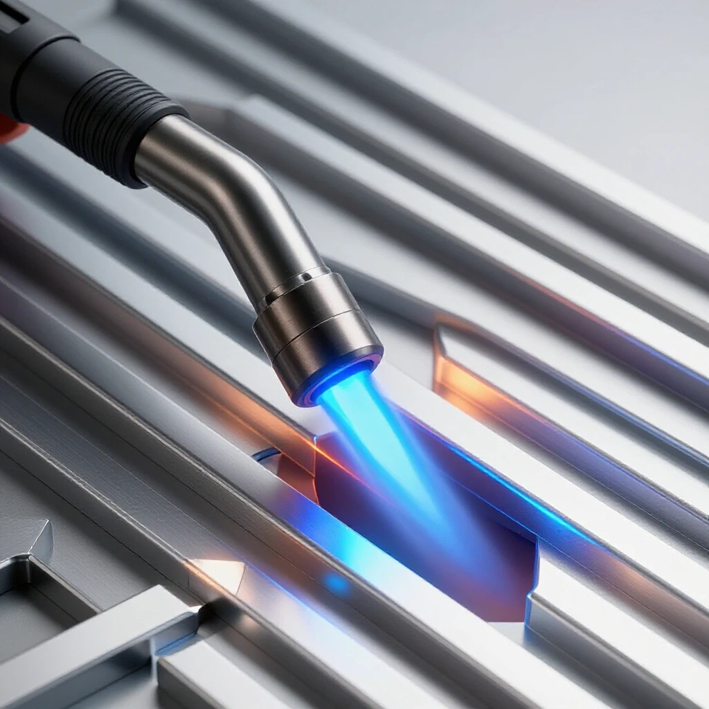 Close-up of a TIG welding torch with a vivid blue flame against shiny aluminum, showcasing heat management dynamics.