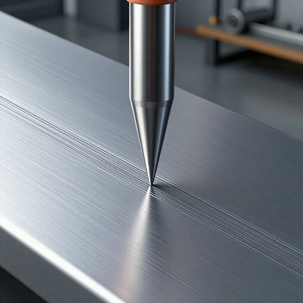 A close-up of a carbide scribe above gleaming steel with etched markings, showcasing precision and clarity.