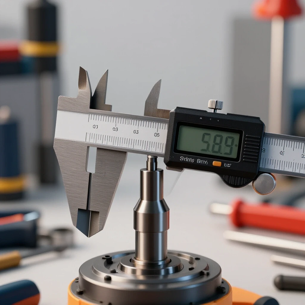 A precision digital caliper measuring a slightly misaligned drill press spindle in a well-lit workshop.