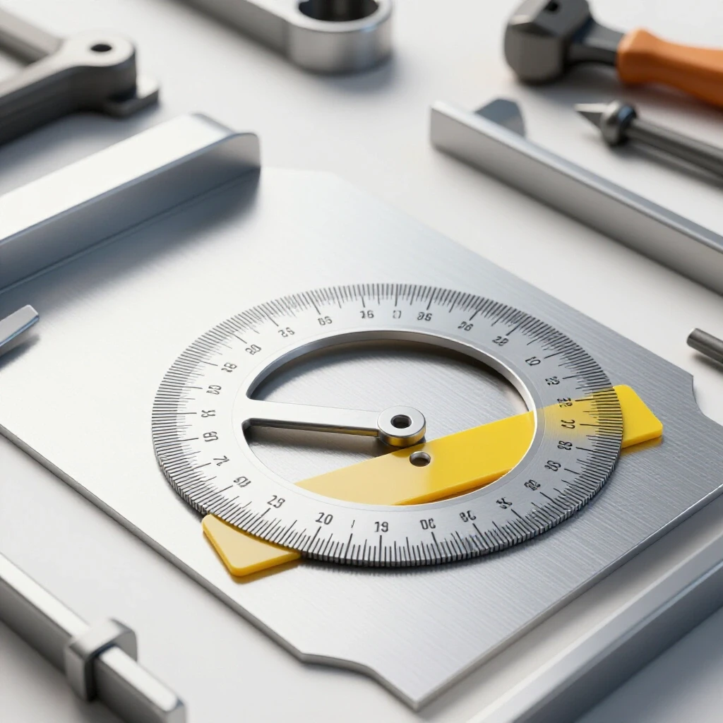 Close-up of a protractor on a metal sheet for measuring bend angles, with tools and metal sheets in the background.