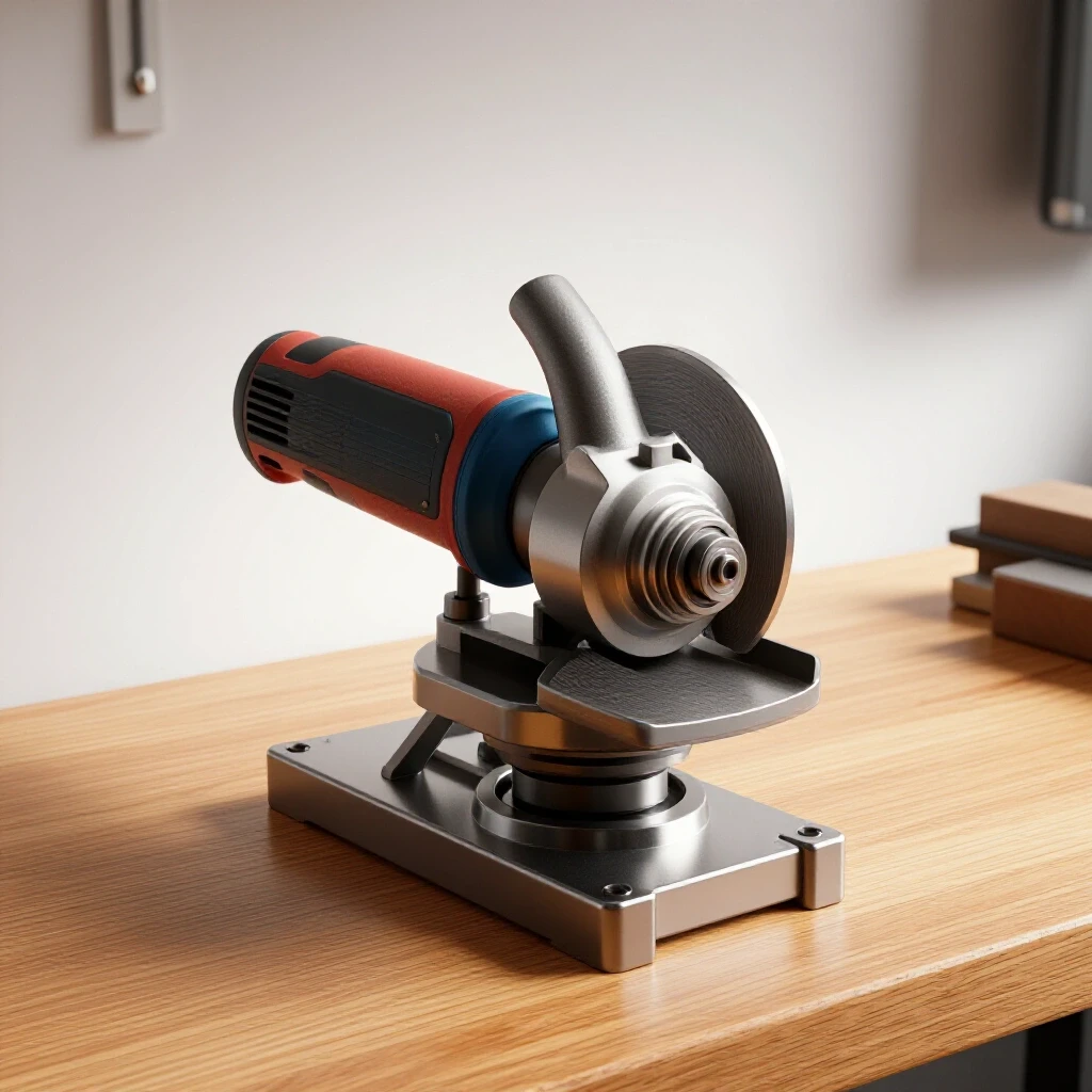 A well-structured workshop scene featuring a mounted bench grinder on a workbench, emphasizing stability and precision.