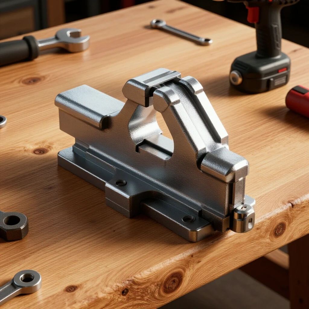 Close-up of a heavy-duty bench vise mounted on a textured wooden workbench, with tools visible in the background.