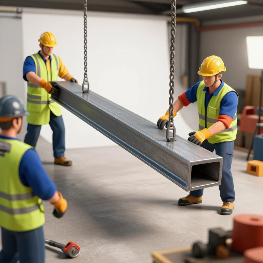 A dynamic workshop scene featuring a large steel bar being lifted with mechanical tools and safety gear.