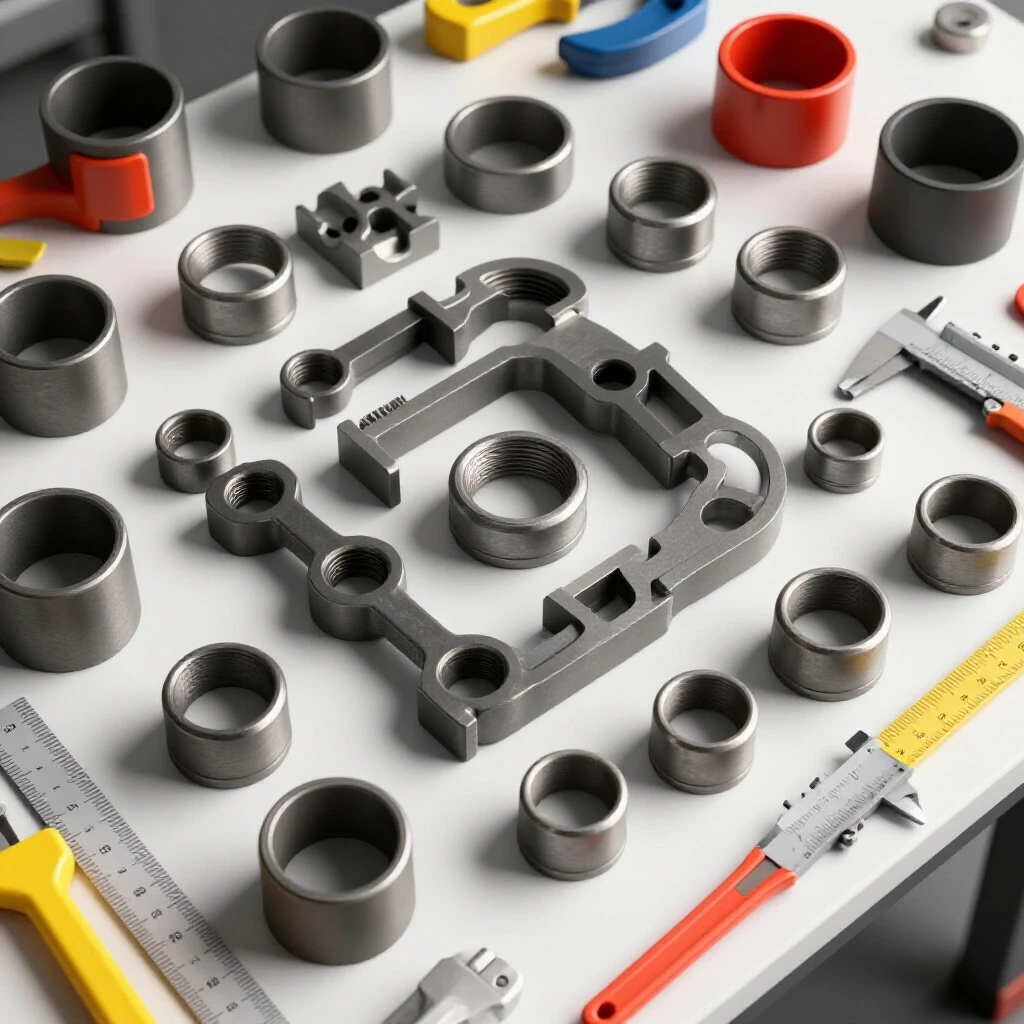 Overhead view of a workshop table stacked with metal parts, tools for precise nesting, and a bright background.