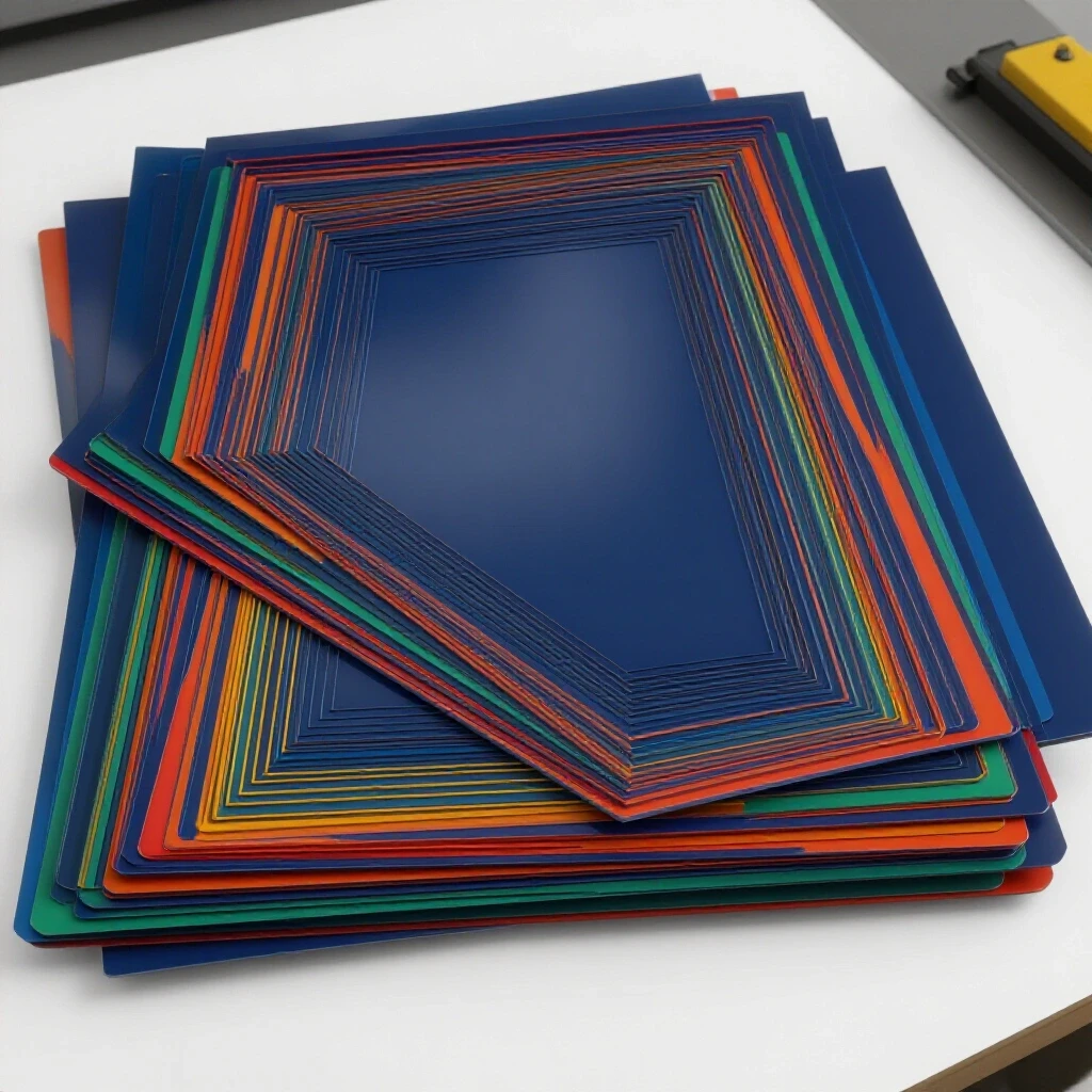 Vibrant arrangement of sheet metal pieces demonstrating intricate cuts and optimal nesting in a workshop setting.