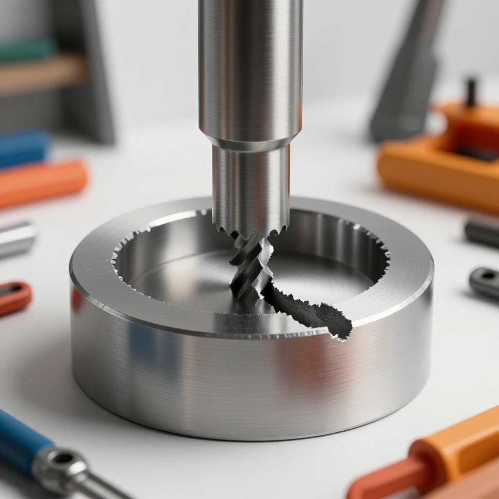 Close-up of round tubing being notched with a hole saw, highlighting precision cut contrasts in a vibrant workshop setup.
