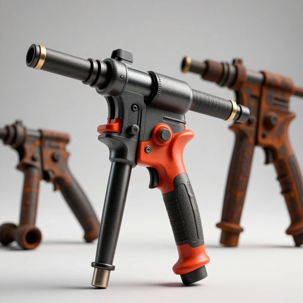 Close-up of a polished pneumatic air tool next to a rusty tool, highlighting maintenance contrast.