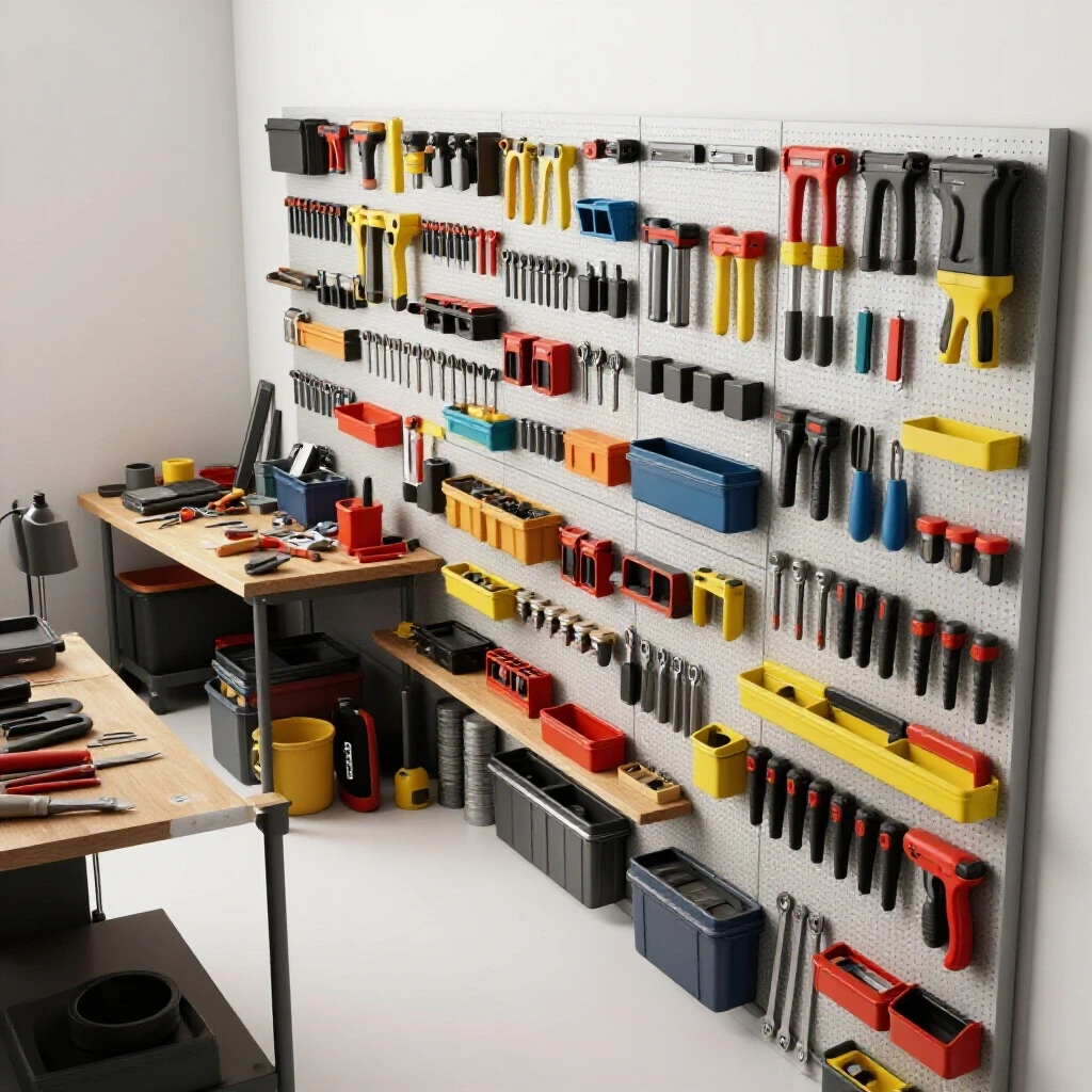 A cluttered workbench transitions into a neatly organized tool wall, showcasing efficient tool arrangement.