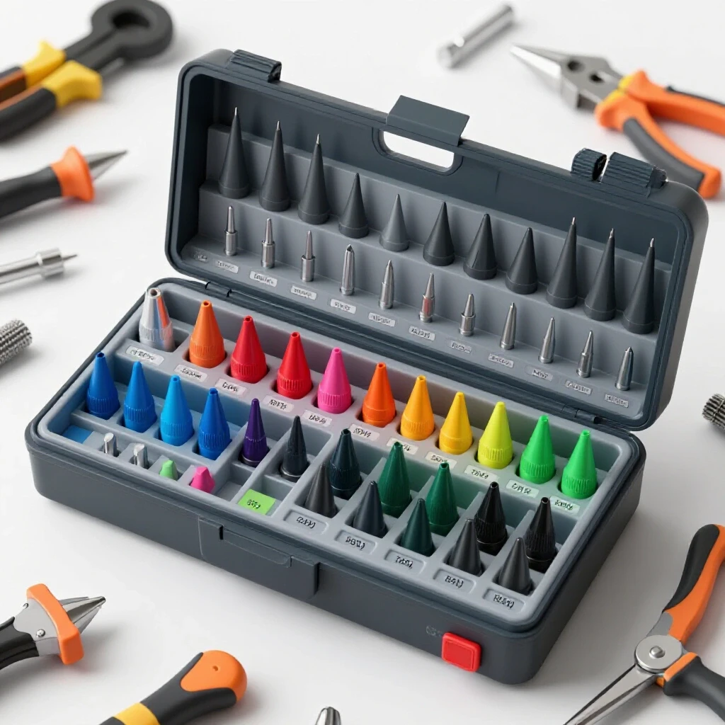 A well-organized toolbox featuring colorful contact tips and nozzles, contrasted by scattered tools, emphasizing order in a workshop.