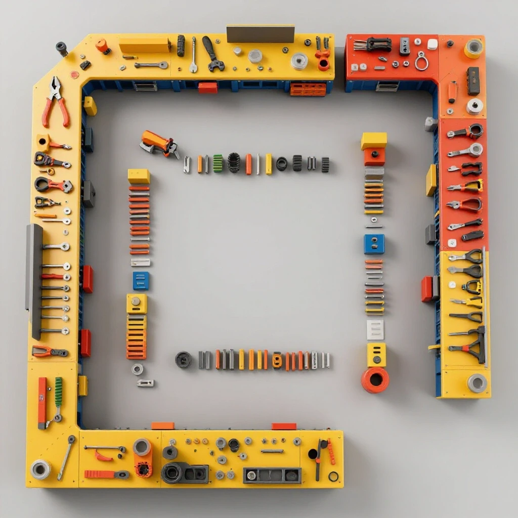 Aerial view of an organized workshop layout showcasing zones for cutting, assembling, and finishing in vibrant colors.