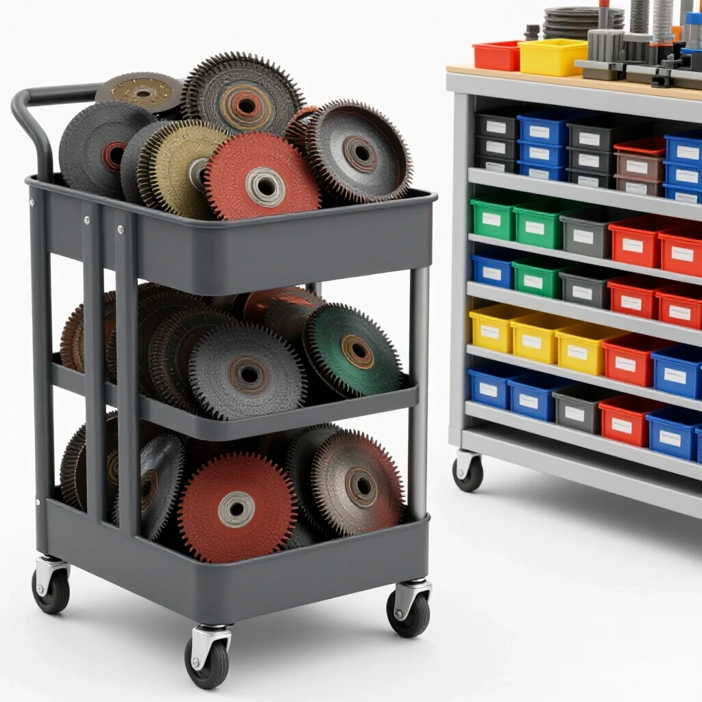 A well-organized and cluttered rolling shop cart with grinder discs, showcasing a contrast from chaos to order.