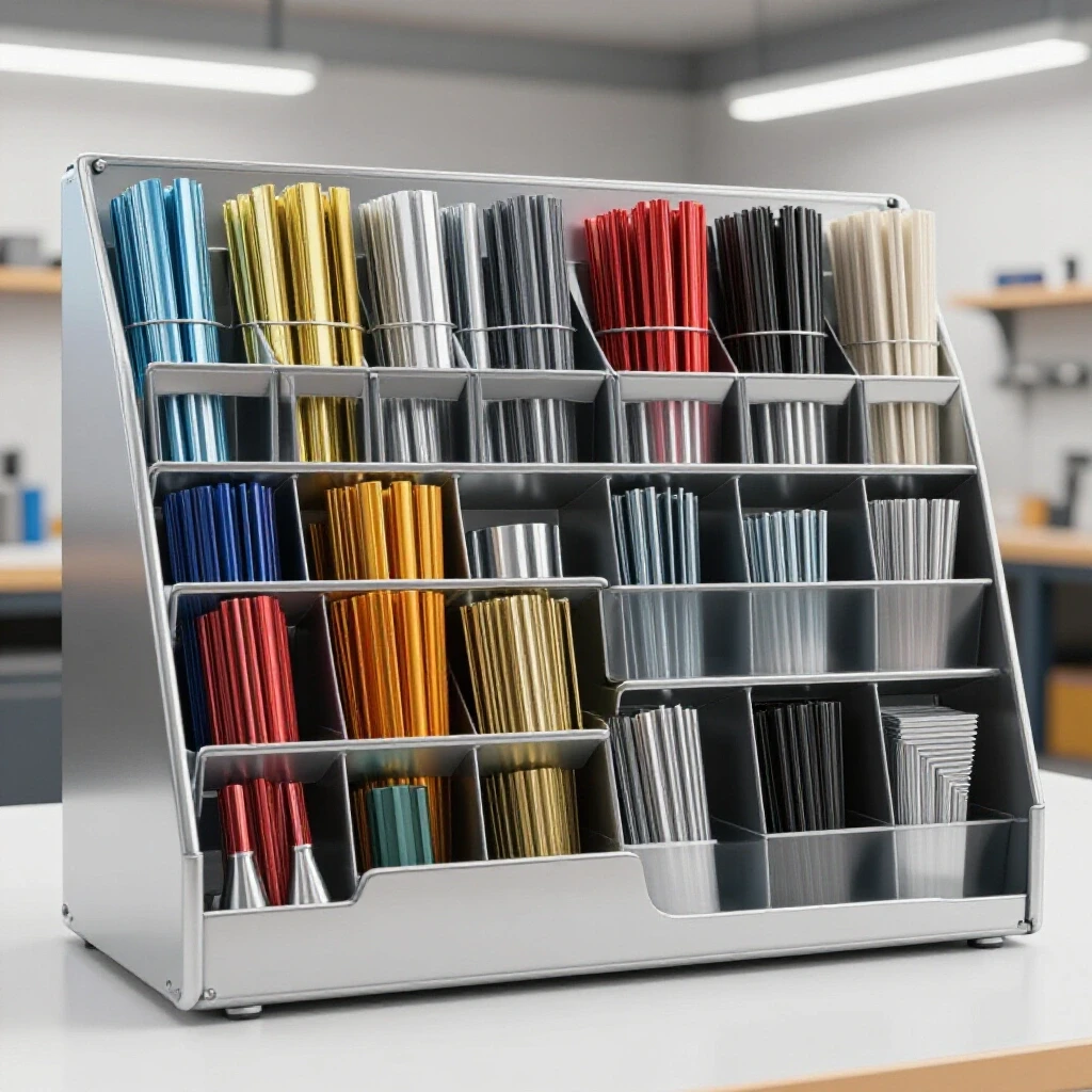 Neatly arranged metal stock inventory with vibrant materials and a tool organizer, showcasing organization in a bright workshop.
