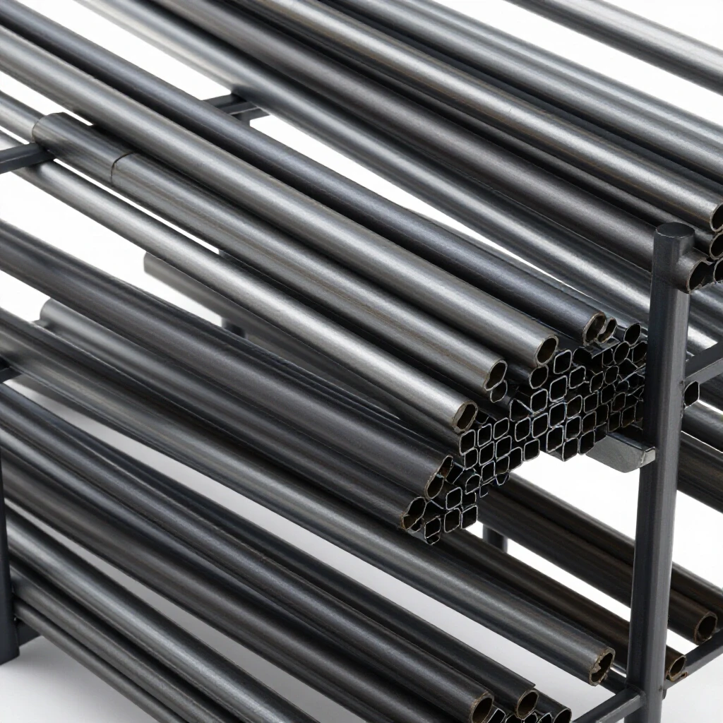 Neatly arranged steel tubing on sturdy racks in a bright workshop setting with high-key lighting.