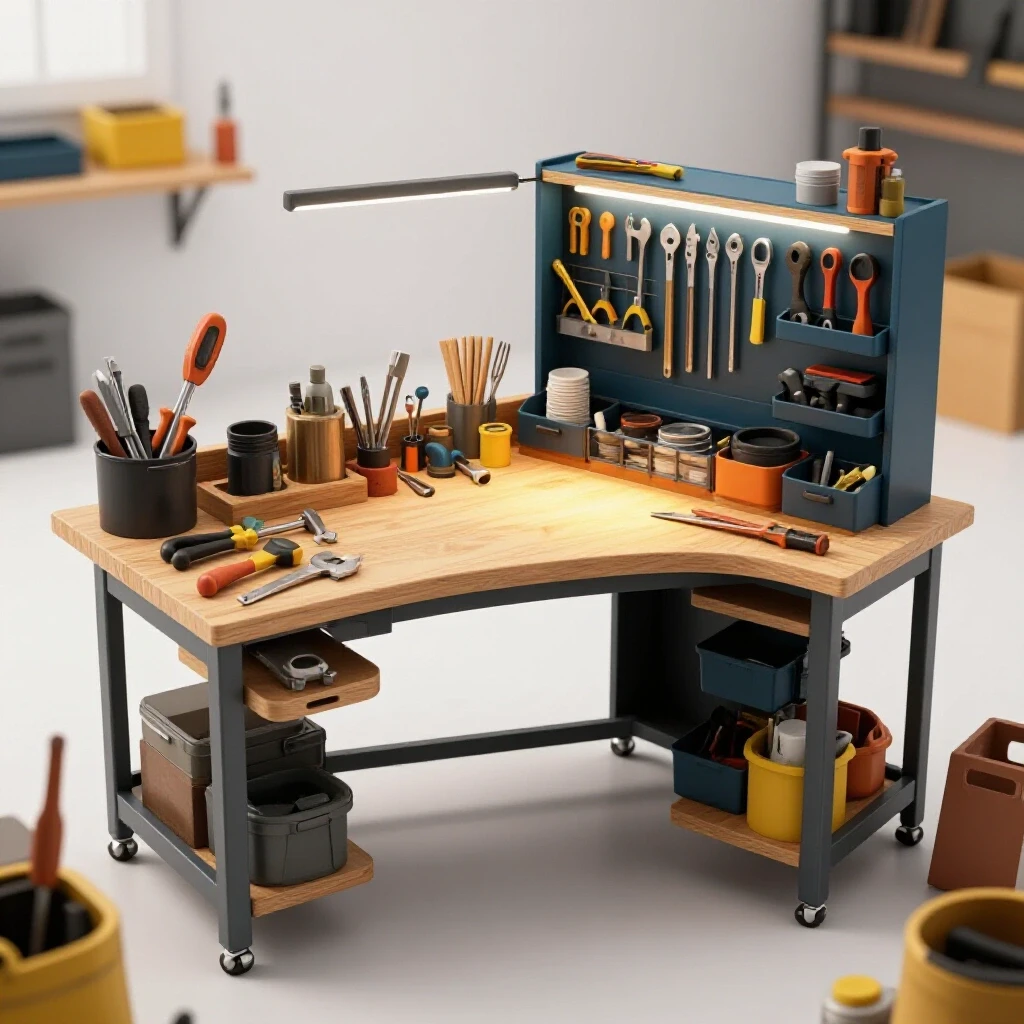 A workshop workbench featuring a contrasting organized side with neatly arranged tools and a cluttered side, emphasizing efficiency.