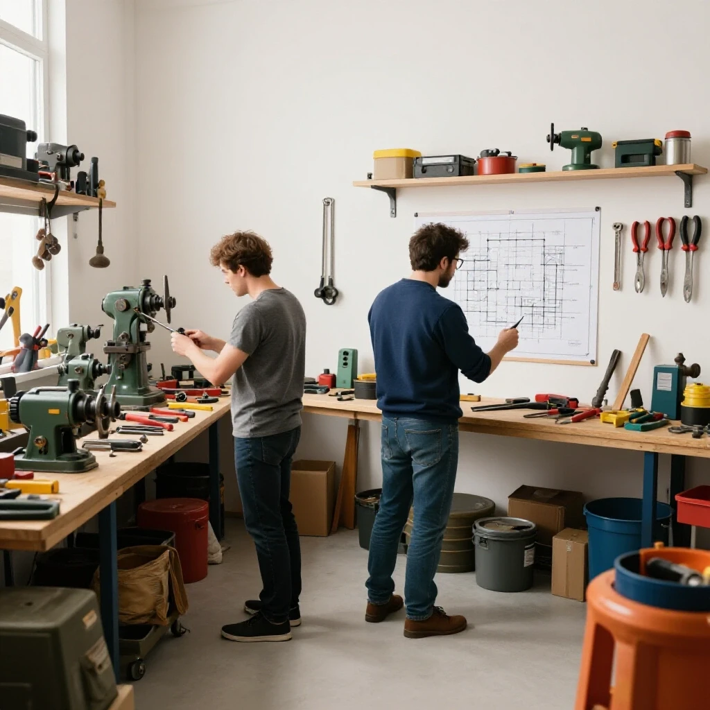 A split scene showing a chaotic workshop with unused tools and an organized workspace featuring a DIY plan.