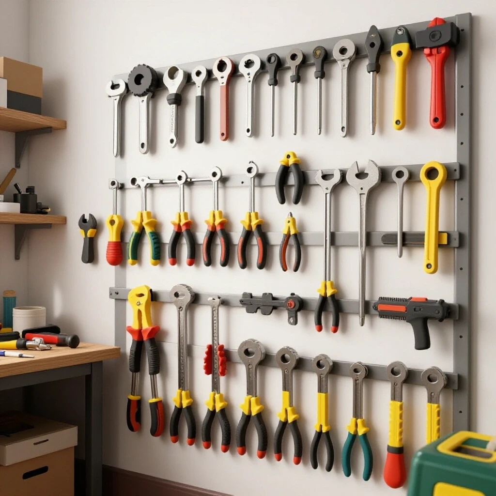 A visually striking workshop showcasing a contrast between an organized tool wall and a cluttered workspace, representing transformation.