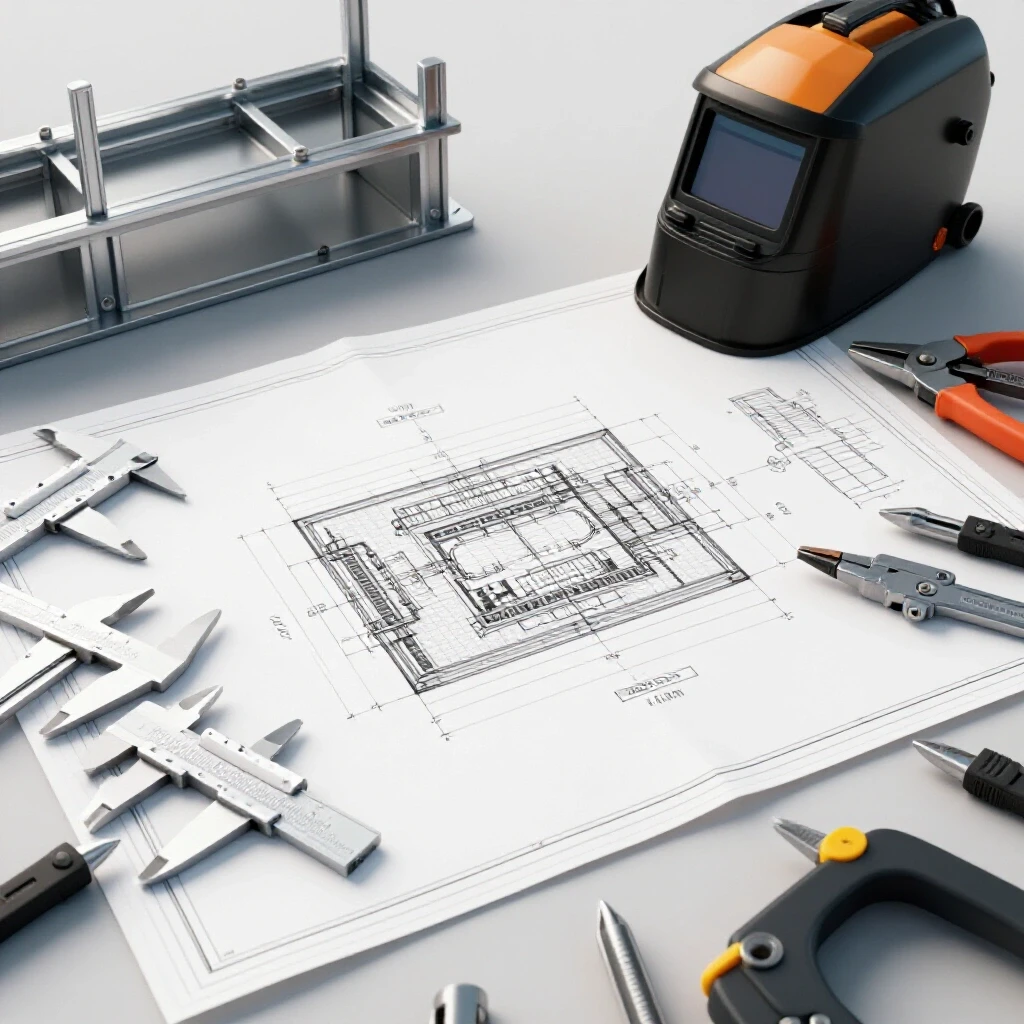 A workbench displaying a detailed metalworking blueprint surrounded by precision tools like calipers and welders, with an unfinished metal structure in the background.