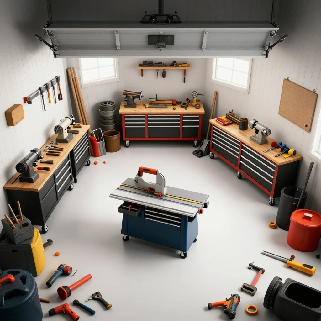 A top-down view of a small garage workshop layout showcasing organized tools and machinery versus a cluttered space.