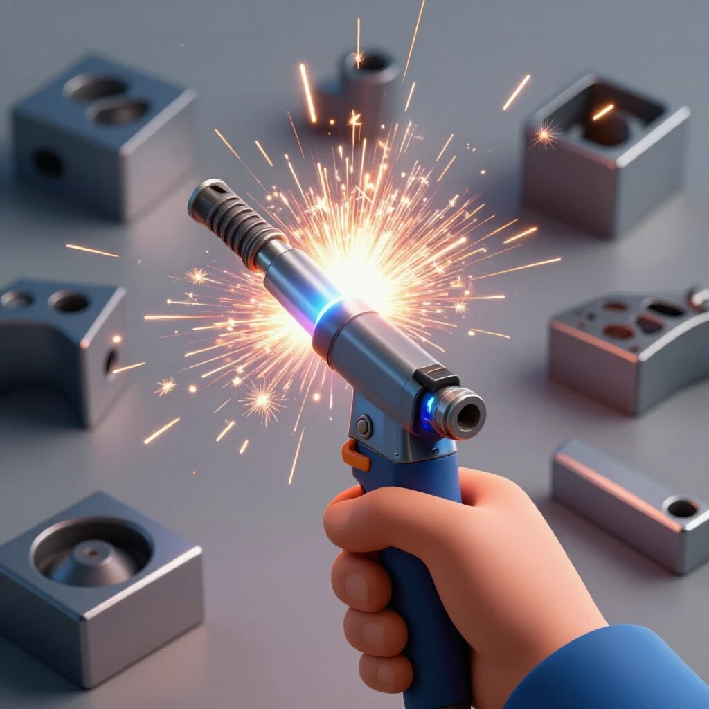 Close-up of a skilled hand guiding a welding torch, surrounded by metal pieces, showcasing sparks and detailed textures.