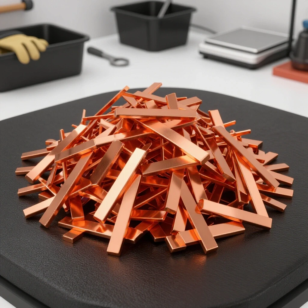 A vibrant pile of shiny copper scrap on a dark workbench, with tools suggesting an organized workshop.