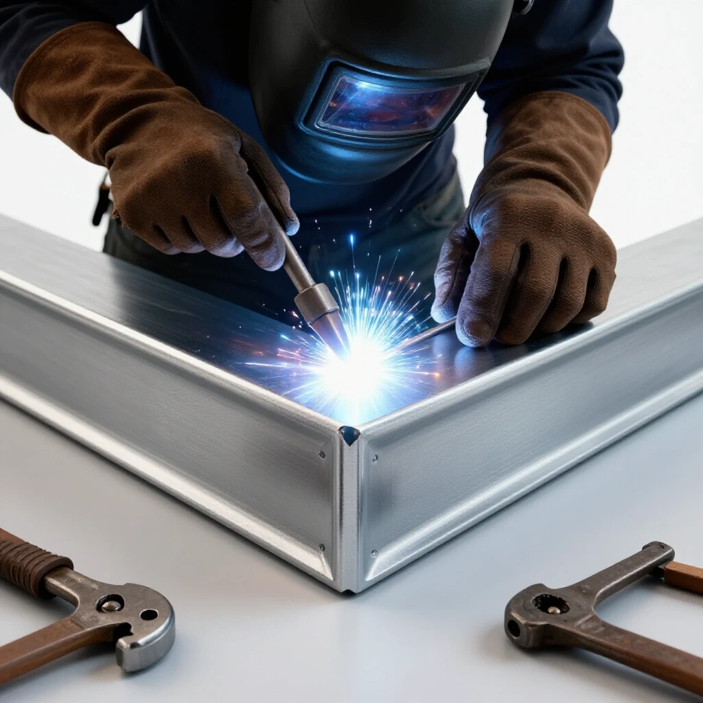 A close-up of a welder's hands preparing corner joints in steel, highlighting craftsmanship and tools.