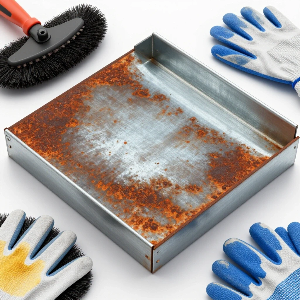 Close-up of galvanized steel with rusty surface being prepared for painting, showcasing tools and safety gear.