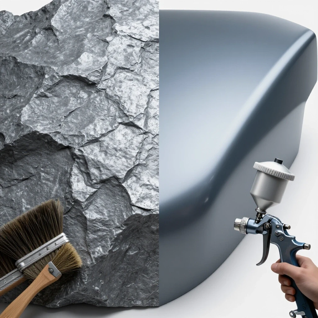 A juxtaposition of rough steel and glossy painted finish, with a wire brush and spray gun illustrating the prep process.