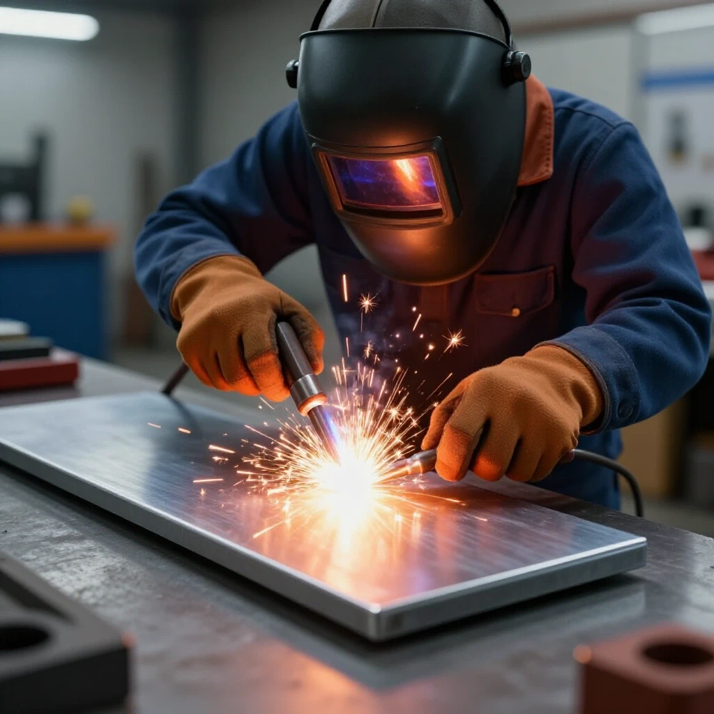 Close-up of welder's hands manipulating a test plate with sparks flying in a blurred workshop background.