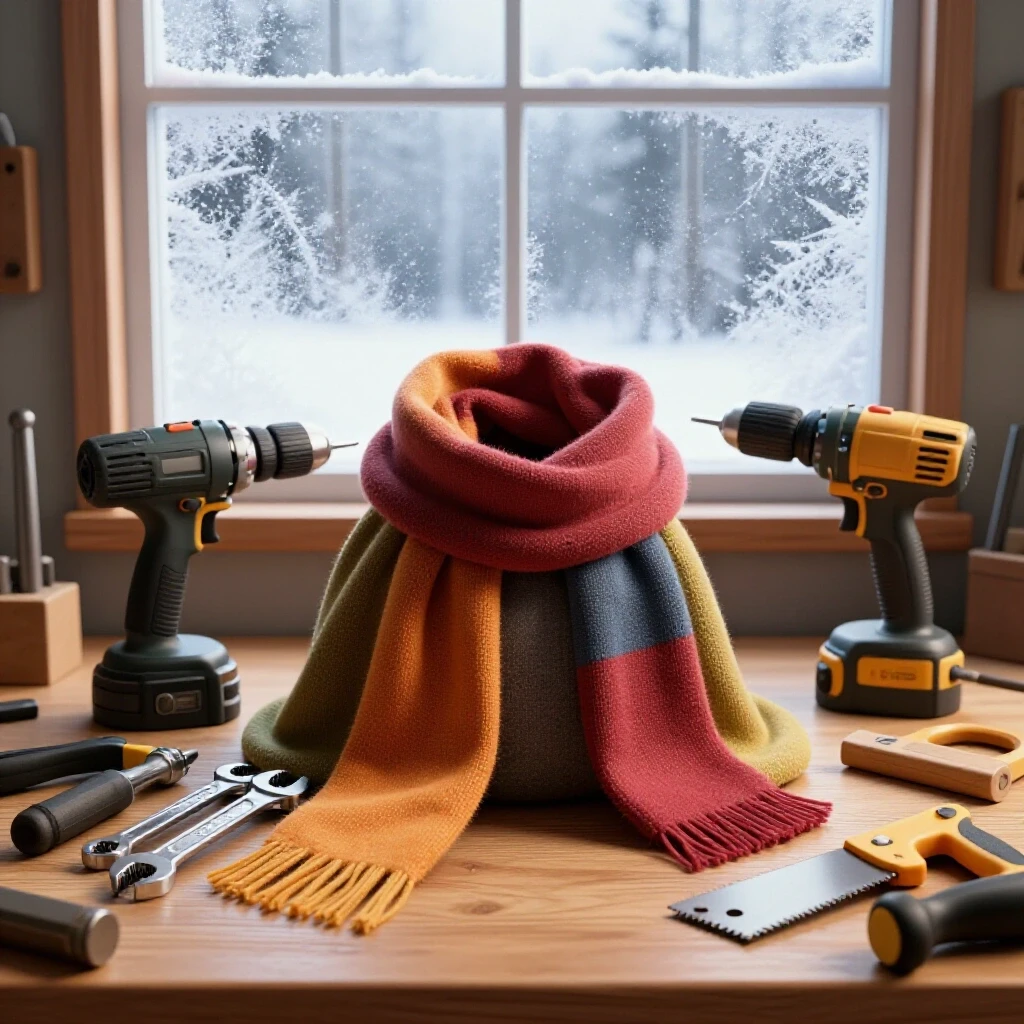 Cozy workshop tools wrapped in colorful materials with a frosty window background, emphasizing cold weather preparation.