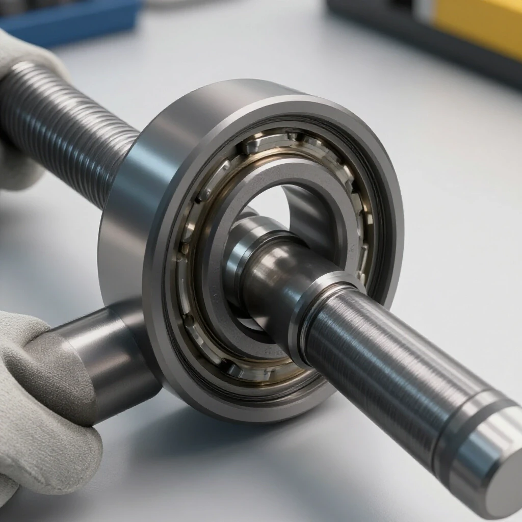 Close-up of a steel shaft with a bearing being pressed onto it, showcasing precision and safety in a workshop setting.