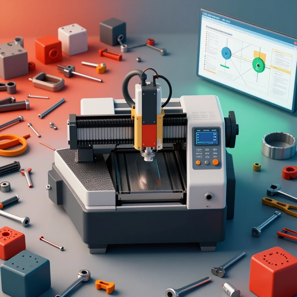 A polished CNC machine in a vibrant yet cluttered workshop, highlighting organization amidst chaos with a setup guide.
